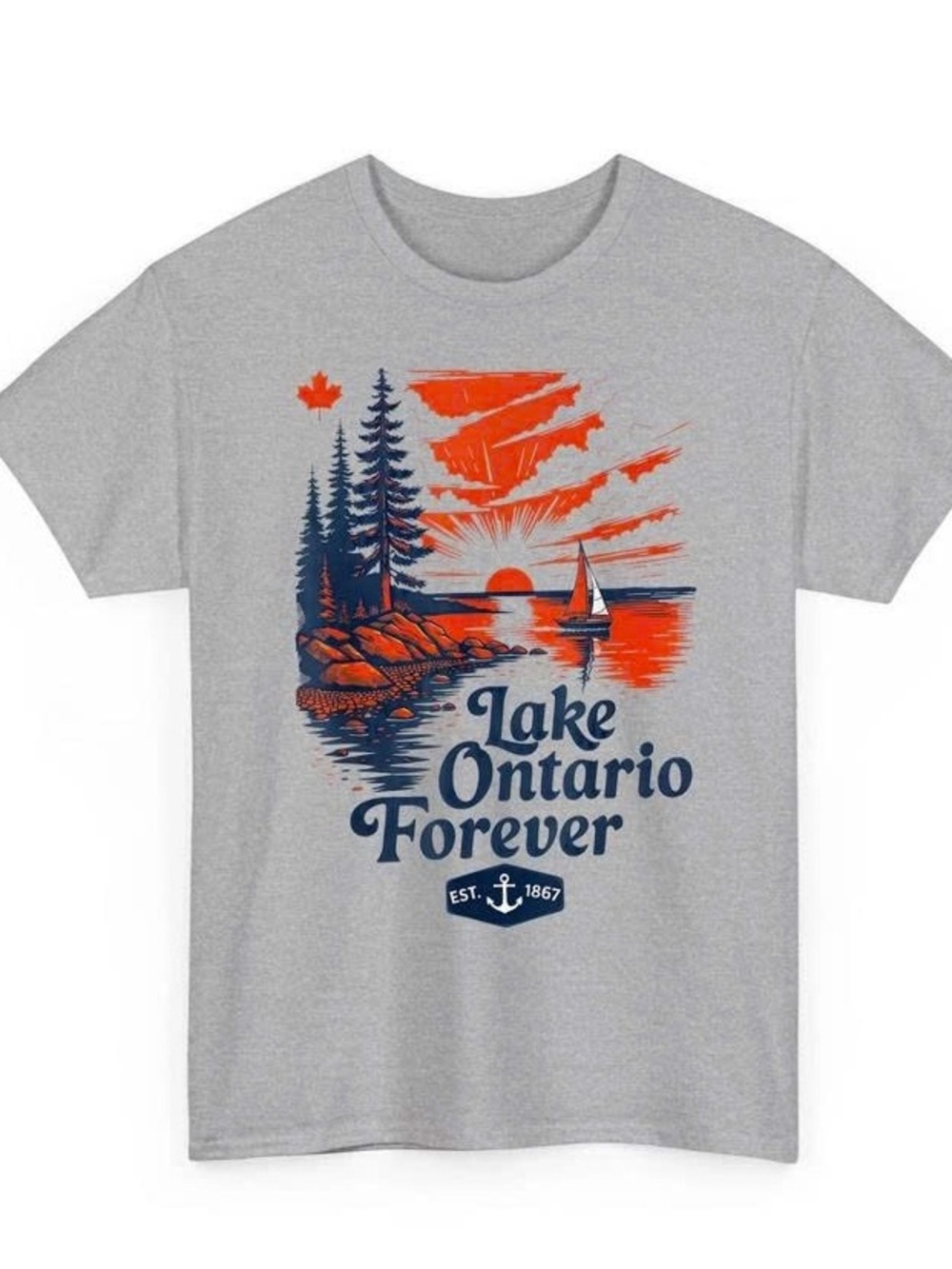 Ontario Grey Short Sleeve Tee with Navy & Orange Lake Ontario Graphic